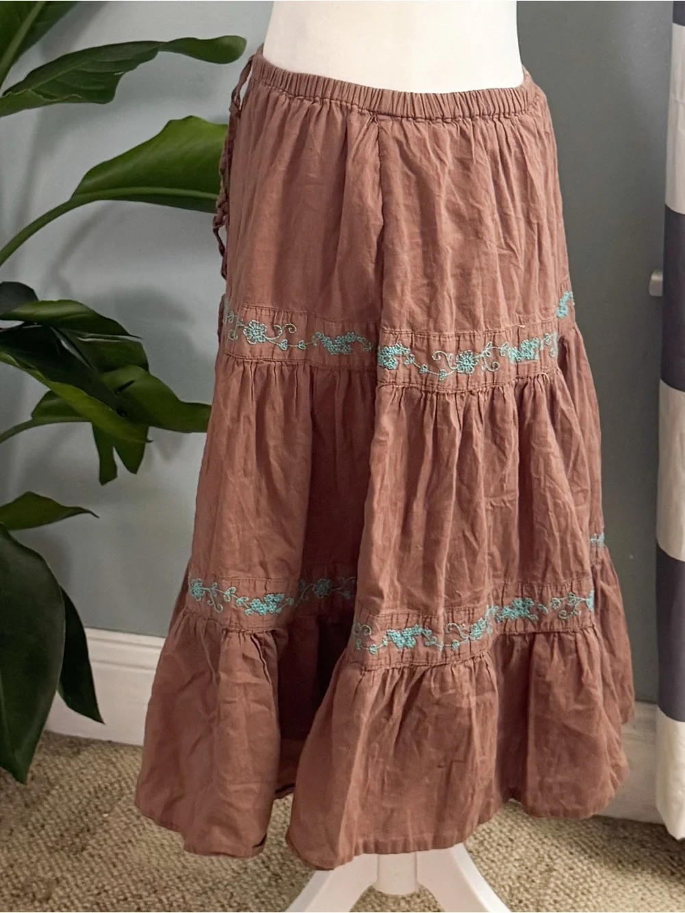SO Rust Brown Tiered Midi Skirt with Turquoise Embroidery
